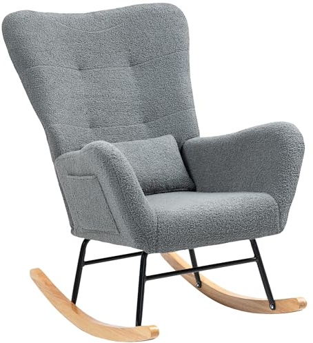HOMCOM Mecedora de Borreguito para Lactancia con Respaldo Acolchado, Base de Madera de Caucho y Almohada, Silla Mecedora para Dormitorio y Salón Soporta 120 kg, Gris