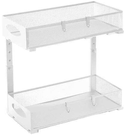 Organizer per armadietto, 2 ripiani estraibili per armadietto, mensola per lavello – altezza regolabile per organizzare la casa, mensola da cucina per dispensa, armadio, bagno, lavanderia