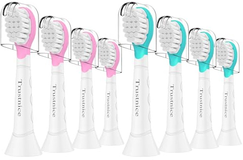 Trustnice ersättningshuvuden för barn för Philips Sonicare, mjuka kompakta tandborsthuvuden för barn i åldrarna 3 till 7 år, mini, rosa och blå 8-pack