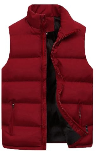 Men'S Padded Gilet Winter Quilted Lightweight Cozy Red Gilet Puffer Vest Zipper Winter Warm Sleeveless Puffer Jacket Down Coat Solid Color Tops Outwear Bodywarmer With Pockets L