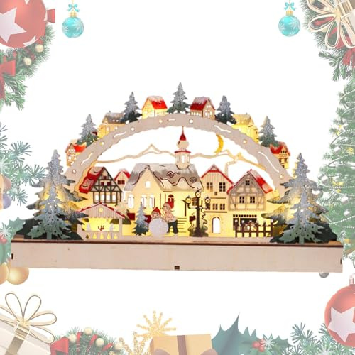 Generisch Casette a LED di Natale – Decorazione per villaggio in legno, casa di scena natalizia, decorazione da tavolo, illuminazione calda con design dettagliato, ideale per decorazioni natalizie da
