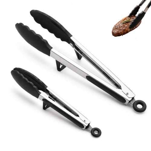 Kökstång silikon 9 i och 12 tum, rostfritt stål kokstång med halkfritt handtag, multifunktionella grilltänger, kötttång, kök för luftfrys, kött, sallad och BBQ (svart)