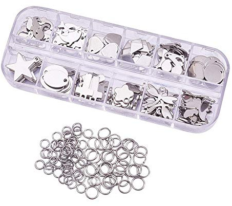 BENECREAT 144 STÜCKE Edelstahl Leere Gemischte Form Stamping Tag Anhänger und 80 STÜCKE Biegeringe für Armband Halskette Ohrring Machen (12 stücke/Form)