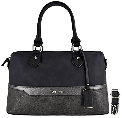 David Jones - Damen Bowling Bag Handtasche, Henkeltasche Elegante, Schwarz | Frau Mittelgroße Shopper Tasche, Gestreift Mehrfarbig PU Leder Schultertasche, Modische Umhängetasche Streifen, Alltag