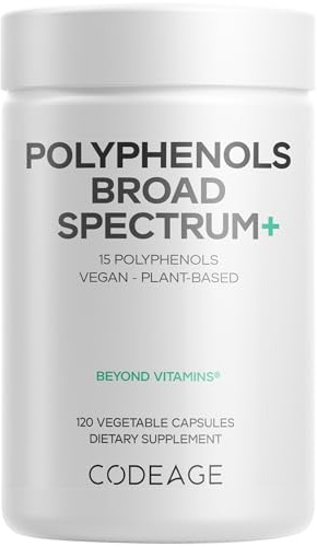Codeage Polyphenols Broad Spectrum Supplement - Blend of 15 Berries, Fruits, and Botanical Extracts, Decaf Green Tea Leaf, Quercetin, Resveratrol, Pomegranate, Turmeric - Non-GMO - 120 Capsules