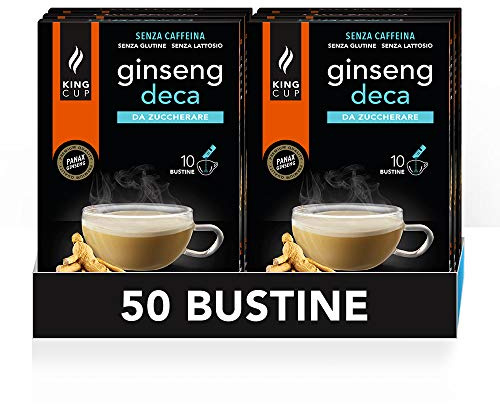 King Cup - 5 Packungen mit 10 Zuckerfreier Deca Ginseng Lösliche Beutel, 50 Sticks von 6 Gr für Ginseng Getränk, zu Heißem 60 ml Wasser Geben, Glutenfrei und Laktosefrei