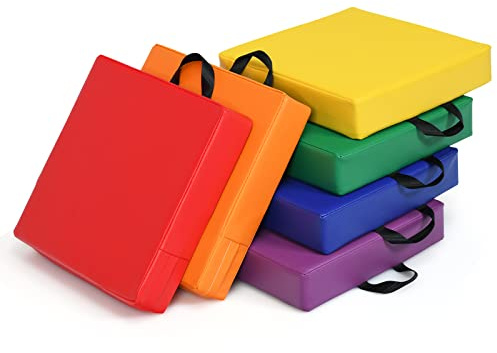 GOPLUS 6er Set Kinder Stuhlkissen, Bodenkissen mit Griff, Sitzkissen aus Kunstleder & Schaumstoff, Pflegeleicht, Rund/Rechteckig, Stapelbar für Leichtes Verstauen, bunt in 6 Farben (Rechteckig)