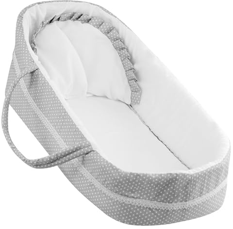 The Magic Toy Shop BiBi Doll Large Baby Doll Carry Cot up to 20 - Grey Polka Dot with Pillow, Soft Bassinet with Carry Handles, Portable Sleeping Carrier Bed, Girls & Boys Aged 18 Months+