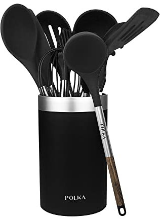 Cecotec Utensilios de Cocina de Silicona Polka Excellence Force. Set de 9 piezas Negro, Recubierto Soft touch y Mango efecto Madera. Materiales: Silicona, Nylon y PP, Incluye Holder Polka