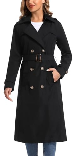 poonyfesh Women's Waterproof Long Trench Coat Double Breasted Length Classic Lapel Belt Coat With Removable Hood Black Large