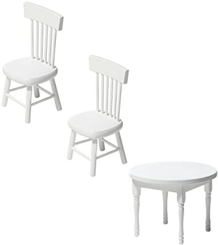 FOYTOKI Miniature Wood Dining Table and Chairs Set for Dollhouse 1/12 DIY Model Playhouse White Round Table Ornaments