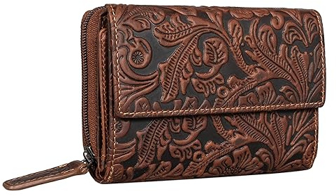 STILORD 'Thea' Damen Geldbeutel Leder RFID Geldbörse Groß Vintage Portemonnaie für Frauen NFC Schutz Ledergeldbörse mit Reißverschluss in Geschenkbox Echtleder, Farbe:Bergamo - braun floral