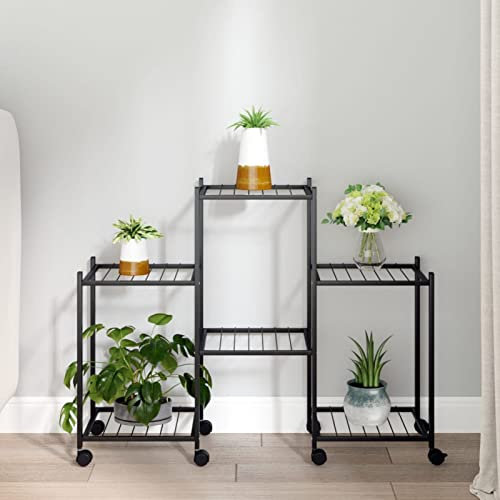 ARKEM Soporte para Flores con Ruedas Hierro Negro 83x25x63,5 cm Maceteros Altos Interior Maceteros Escalera