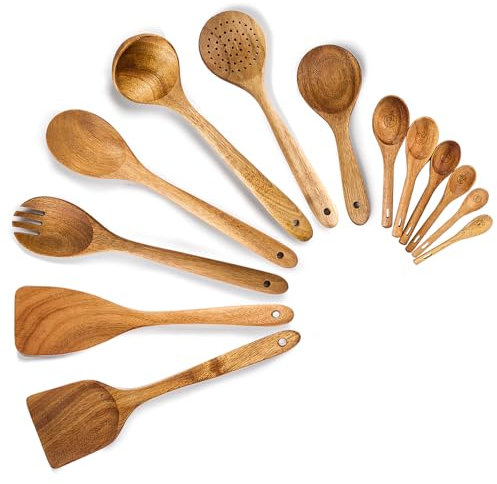 Wooden Spoons Cooking Utensils Set of 13- Acacia Wood Kitchen Tools Includes Wooden Spoons, Spatula, Soup Ladle, Measuring Spoons Set for Kitchen Use, Nonstick Wooden Utensils for Cooking