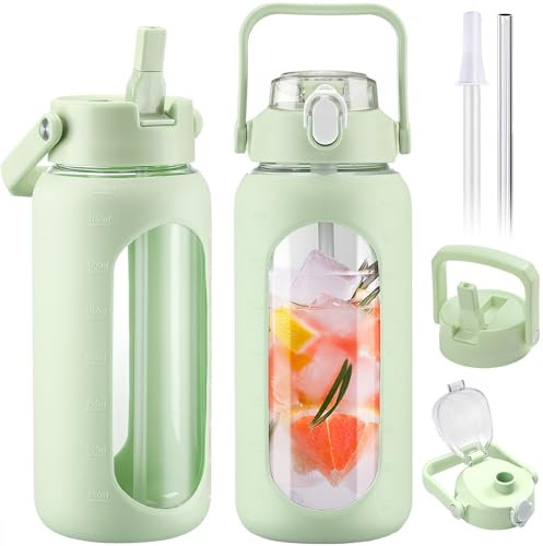 BLUEGO 2L Glass Water Bottles with 2 Lids Flip Lid and Spout Lid Half Gallon Water Bottle with Straw 2000ml Large Water Bottle with Time and Capacity Markers for Gym Home Office Leak-proof,Green