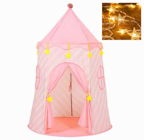 Floving Kinderzelt Spielzelt für Kinder,Kinderschloss,Sicherheit und ungiftig Indoor/Outdoor Spiele Zelt Spielzeug,Wendy House，mit Sternenschnur Licht (Rosa Streif)