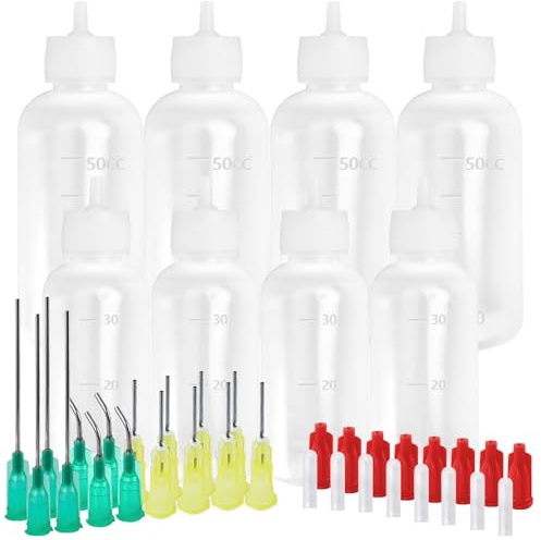 8 Stück 30ml/50ml Nadelflaschen Set, Präzisionsspitze Quetschflasche, Dosierflasche mit 16 Dispensing Feine Nadeln und 16 Kappen, Leer Leimflasche, Applikator Flaschen Set für Bastelkleber, DIY