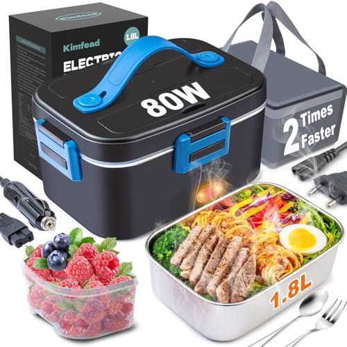 Kimfead Scaldavivande Elettrico Portatile 80W Lunch box elettrico 1,8L PortaPranzo Elettrico 12V/24V/230V Acciaio Inox Rimovibile Auto/Camion/Ufficio, Borse(1.8L-Blu)