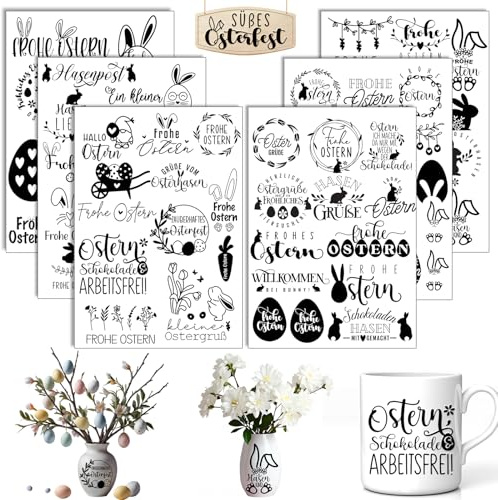 6 Stück Rub On Sticker Ostern, Transferaufkleber, Sprüche Frohe Ostern | Rub On Folie Transferaufkleber zum Basteln und Dekorieren