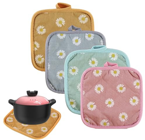 COYUN 4 Pezzi Presine Da Cucina in Cotone Grandi Guanti da Forno Set Presine Resistente al Calore Presine in Cotone Quadrato per Appendere Forno Microonde Barbecue(Motivo a margherita)