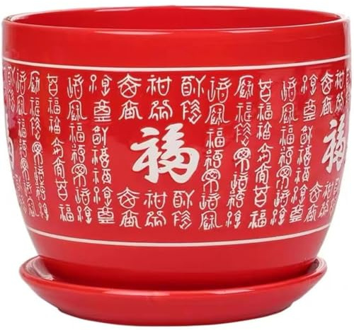 Plant Pot,Ceramic Pots For Plants, Ceramic Planter with Drainage Hole and Saucer, Home/Garden Outdoor Decorative, Tray for Wedding,Outside Chinese Characters Meaning Fortune Plant Pots Indoor with