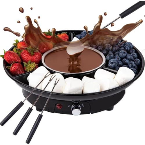 Chocolate Melting Pot, 260ML Perfect Chocolate Fondue Set with 4 Roasting Forks and 3 Compartment Trays, Heating and Keep Warm Mode, 25W Electric Fondue Pot Set for Chocolate Melts Cheese Melts black
