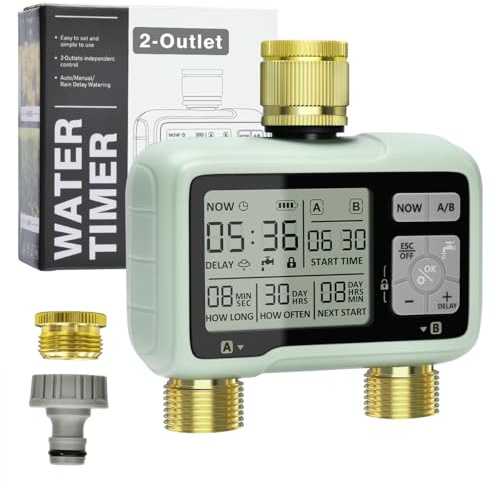 Johgee Sprinkler Timer 2 Zone with Brass Inlet & Outlet, Water Timer for Garden Hose Faucet 2 Outlet, Programmable Water Hose Timers Irrigation System Controller, Auto & Manual Mode, Rain Delay