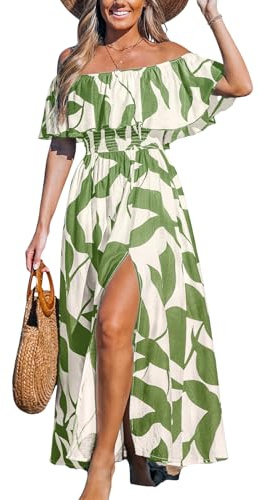 CUPSHE Women Ruffle Floral Maxi Summer Dress Off Shoulder Backless Slit Hem Dresses, Green White M