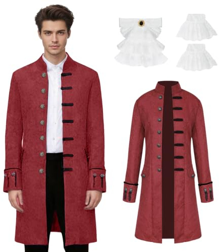 rumnigh medeltida kläder för män, steampunk frack kappa, vintage viktoriansk gotisk frack renässans retro uniform medeltida jacka halloween cosplay kostym (röd, XXL)