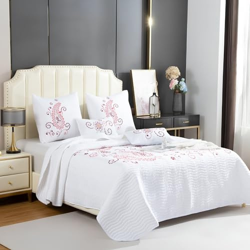 Colcha Boutí Bordada Cama 135 (235x260) para Verano y Entretiempo - 100% Microfibra Suave – Cubrecama Moderno Multiusos Ligero y Transpirable - Incluye 4 Fundas Cojín (2*60x60 + 2*30x50) (Hanoi)