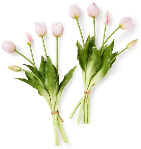 Laelfe Latex Artificial Tulips Bouquet with 6 Blooms and 4 Buds, Real Touch Fake Tulip Flowers for Home Office Wedding Party Garden Kitchen Decoration -10 Pcs Pink