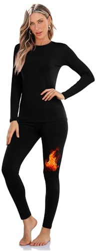 Sampeel Thermal Underwear for Women Leg Warmers Clothes Fleece Lined Thermal Long Johns Winter Base Layer Women's Clothing Thermal Shirt Top and Leggings Pants 2Pc Set for Women Black XL
