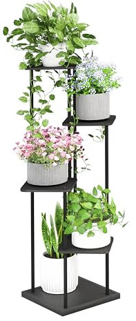 Ribelli 5 Etagen Pflanzenständer, Blumenständer 106 cm, Blumentreppe Blumenregal Pflanzentreppe aus Holz und Metall, Deko für Balkon Garten Wohnzimmer Büro, Schwarz