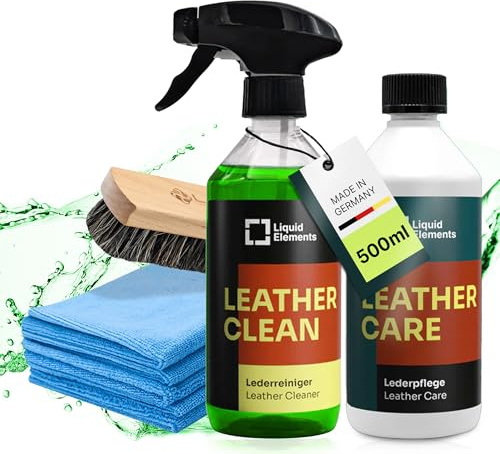 Liquid Elements Leder-Set, Leather Clean & Care 500ml + Zubehör | Sanfte Lederpflege für Auto, inkl. 5x Value Microfasertuch, Leder- & Textilbürste