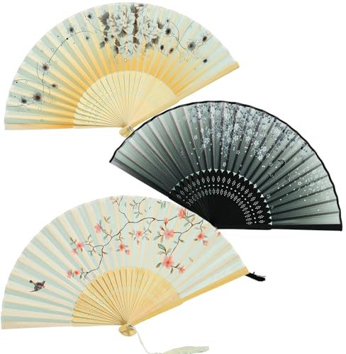 Ventaglio a mano in legno di bambù, elegante ciondolo pieghevole, realizzato a mano, per matrimonio, compleanno, festa, estate, eleganza cinese con nappa (3 pezzi)
