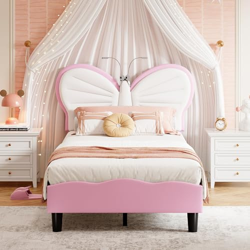 Lit Enfant 90x200, Lit Simple Rembourré avec Tête de Lits Réglable en Hauteur en Forme de Papillon et Liseuse, Lits 1 Personne pour Fille Adolescent, Velours, sans Matelas (Blanc + Rose, 90x200 cm)