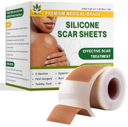 DERMITONE Medical Grade Silicone Scar Tape - Waterproof Silicone Scar Sheets (4cm x 1.5m), Treatment for Surgical Scars, C-Section & Tummy Tuck, Keloid Scars, Ultra-Soft Skin Healing Strips - Medium | Medical-grade silicone for scar care Strong adhesive, long-lasting wear Waterproof & sweat resistant