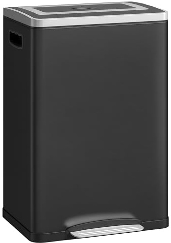 HOMCOM Poubelle à double compartiment 2 x 20L, poubelle de cuisine à pédale, 2 seaux intérieurs amovibles, couvercle à fermeture en douceur et poignées intégrées, anti-traces, acier inoxydable, noir