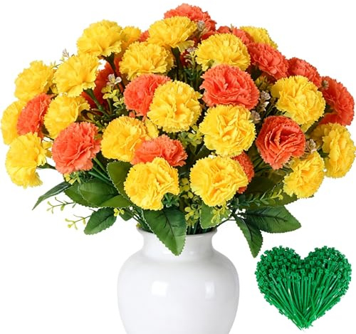 ZenyTra 36 Köpfe Künstliche Gelbe Nelken, 3 Büschel mit 36cm Stielen & 10 Bindfäden, Premium Seidenblumen UV-beständig für Grabschmuck, Hochzeitsbögen, Gestecke, Wohnzimmer, Garten Deko