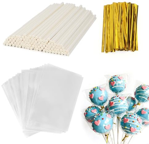 MOSTFUN 300 Piezas Juego de Palitos para Cake Pop, 100 Palitos para Cake Pops, 100 Bolsas para Paquetes 100 Ataduras para Lollies Hacer Galletas Cupcake Chocolate