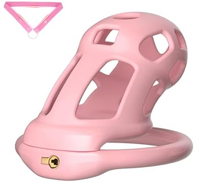 Cage de Chasteté en Silicone pour Pénis Sex Toýs Homme Cage Chastetée Respirante d'un Verrou Dissimulé et 4 Anneaux ABS Chastity Cage Man Rose avec Ceinture pour Bondage le Pénis (M)