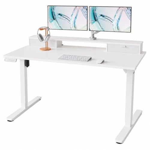 HUANUO Standing Desk with Fabric Drawers, 120x60cm, White | 2 Drawers, C-Clamp Compatible, 4 Memory Presets, 72-118cm Height Range, Multiple Sizes & Colors, Durable Steel Frame.
