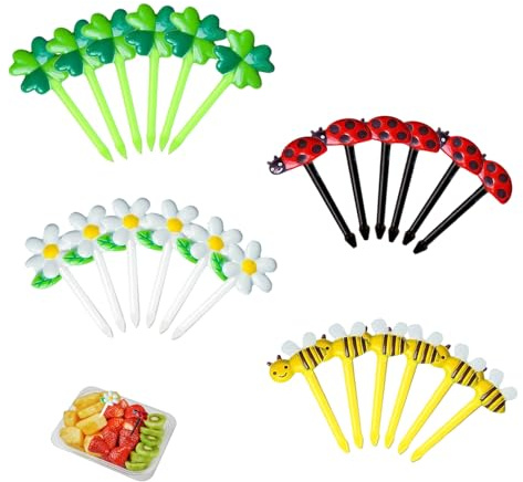 24 Stk Piekser Fingerfood Kinder,Obstgabeln Kinder,Food Picks,Brotdosen Zubehör,Bento Box Zubehör,Mini Sonnenblume Marienkäfer Obstgabeln,Obst Zahnstocher,Kunststoff Spieße für Party,Geburtstagsfeier