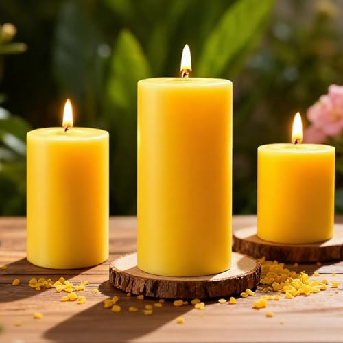3-pack naturliga bivax pelarljus 5 x 5 cm, 5 x 7,6 cm, 5 x 10 cm, långa brinnande oparfymerade rena bivaxljus set, rökfria droppfria pelarljus bulk för heminredning, bön, nödsituation
