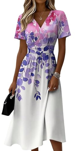 SCBFDI Robe Femme Ete à Manches Courtes en Tissu Doux Coupe Hawaii Imprimé | Midi Col V Taille Style Comfy Élégant pour Usage et Occasions