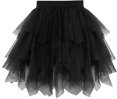 Lovasy Jupe en Tulle Femme Court Robe Asymétrique Tutu Irrégulier 3 Couches Élastique Taille Jupe Tutu pour Carnaval Halloween Daily Prom Party Thé