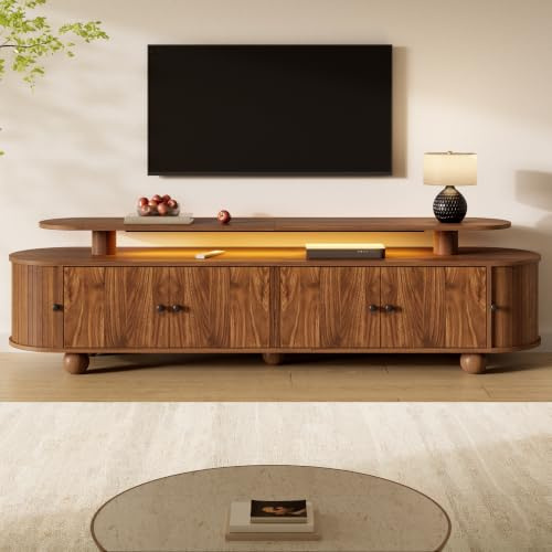 Merax Meuble TV 180 cm LED avec Rangement,Portes coulissantes,Noyer | Lowboard TV moderne avec 6 portes, éclairage LED, rangement fermé et design bois pour salon