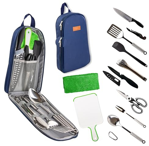 Life 2 Go 12 Pcs Camp Cooking Utensil Set & Outdoor Kitchen Gear Cookware Kit, Portable Compact Carry Case for Camping, Hiking, Travel, BBQ Grilling Stainless Steel Accessories Spoon & Fork, Navy
