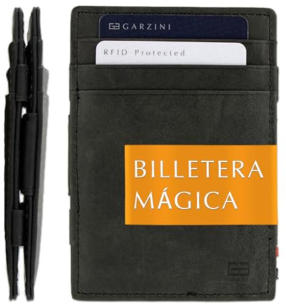 GARZINI Cartera Mágica Cuero Negro Cepillado para 10 Tarjetas – Tarjetero con Bloqueo RFID. Cartera Fina para Hombres – Regalos Originales para Hombres