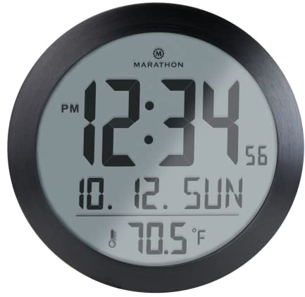 Marathon Miami Wanduhr, digital, rund, leise, integriertes Thermometer, Wandbefestigung, Schreibtisch-Halterung, große Kalenderanzeige, große Ziffern, Schwarz, Batterien enthalten